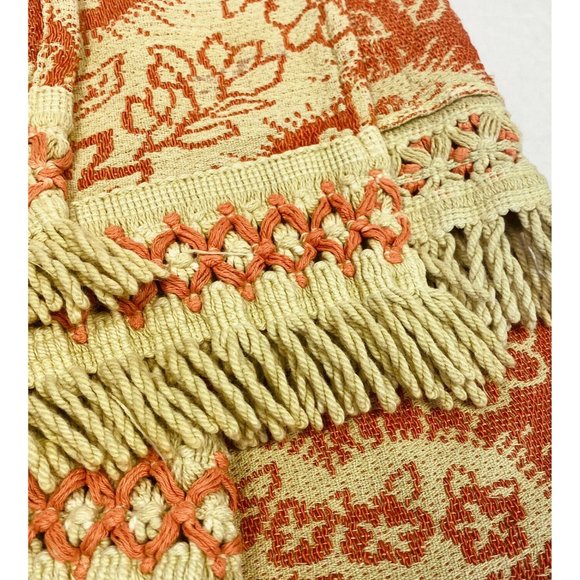 Antique Orange & Gold Large Coverlet Blanket Quilt Fringe Embroidery Vintage WOW - Picture 3 of 10